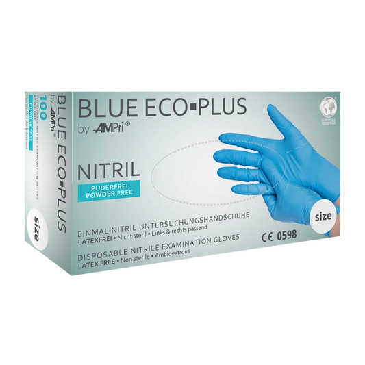 Einweg-Nitrilhandschuhe ECO Plus in blauer Verpackung von AMPri.