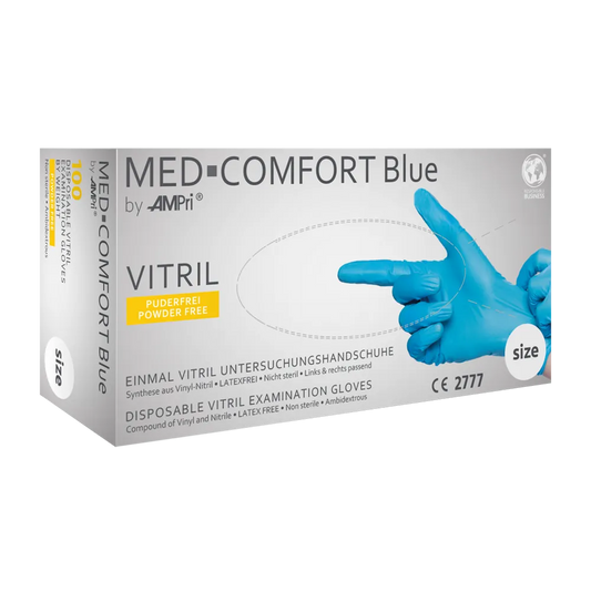 Med-Comfort Vitril Untersuchungshandschuhe in blauer Verpackung, puderfrei.