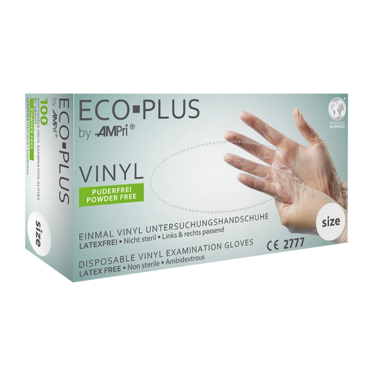 Vinylhandschuhe Eco-Plus von AMPri in weißer Verpackung, Größe XL.