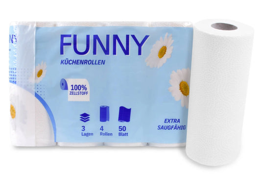 Küchenrollenpackung der Marke Funny mit vier hochweißen 3-lagigen Rollen.
