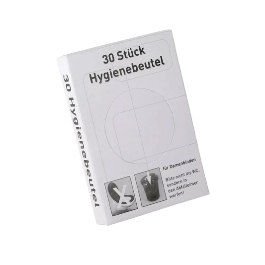 30 Stück Hygienebeutel-Verpackung mit Grafik und Entsorgungshinweis.