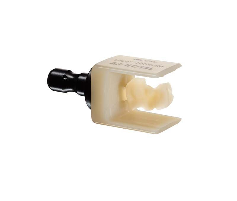 Lava™ Ultimate LT 12 A1 CAD/CAM-Block in cremefarbenem Kunststoff mit eingespanntem Frässtück.