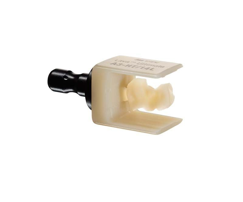 Lava™ Ultimate LT 12 C2 Block mit gefrästem Zahnmodell in Halterung.