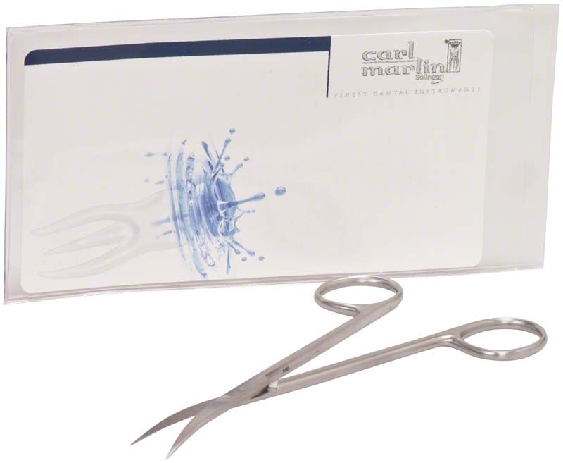 Zahnfleischschere JOSEPH, 14 cm, gebogen und stumpf, vor Verpackung.