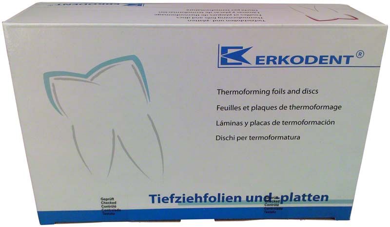 Verpackung der Erkodent Tiefziehfolien mit Zahndesign und mehrsprachigem Text.