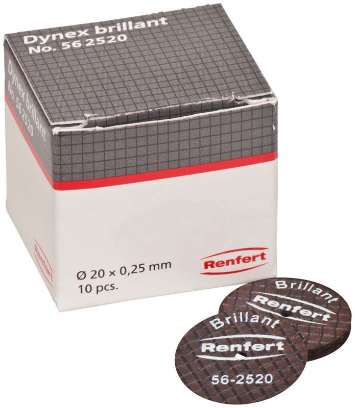 Dynex Brillant Trenn- und Schleifscheiben neben Produktverpackung mit Renfert-Logo.