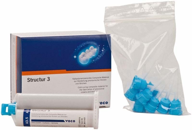 Structur 3 Kartusche A3,5 50ml mit blauen Applikationsspitzen und Verpackung.