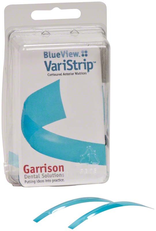 Verpackung der gebogenen VariStrip Frontzahnmatrizenbänder von Garrison, blaue Farbe.