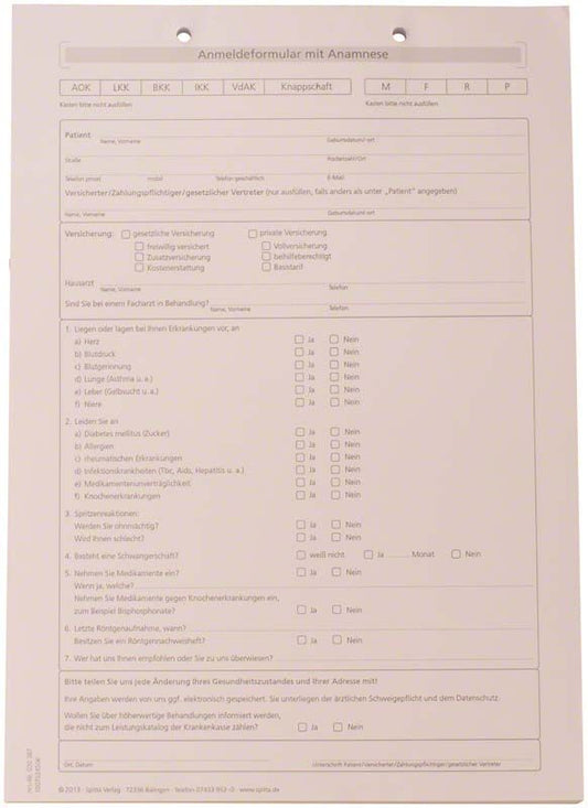 Anmeldeformular mit Anamnese im DIN A4-Format für Zahnarztpraxen.
