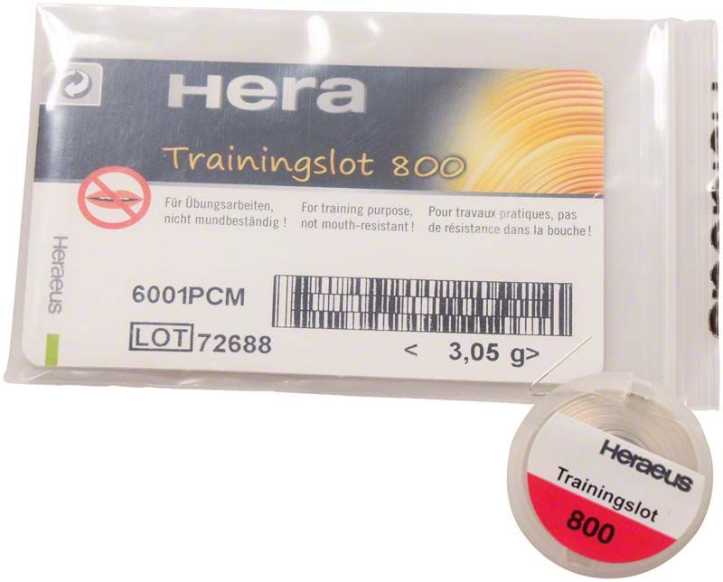 Trainingsmetall Trainingslot 800 in Verpackung mit Produktdetails und Heraeus-Logo.