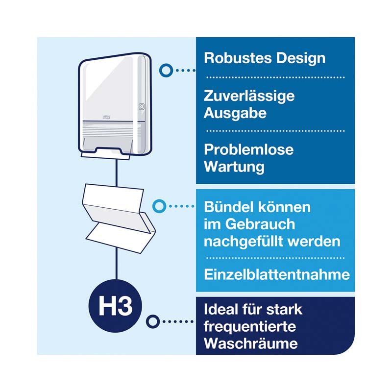 Robustes Tork Handtuchspender-Design mit V-Falz-Extra-Weich-Handtüchern und H3-System.