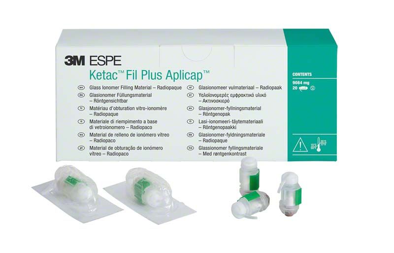 Ketac Fil Plus Aplicap Verpackung mit drei beigen Füllkapseln.