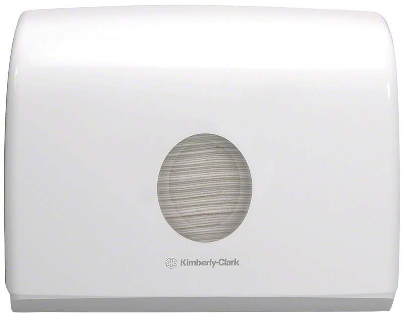 Aquarius Handtuchspender aus weißem Kunststoff mit Sichtfenster.