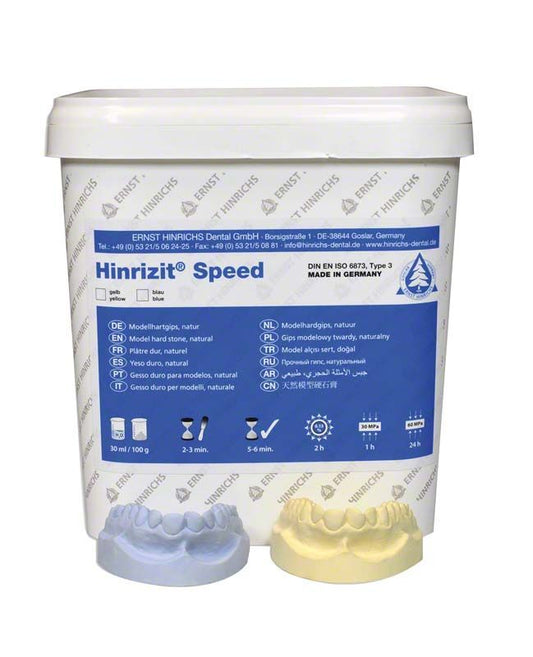 Hinrizit® Speed blau 10kg Eimer mit Modellhartgips und Gipsmodellen.