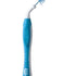 Interdentalbürste mit gebogenem, flexiblem Hals und rutschfestem blauem Griff.