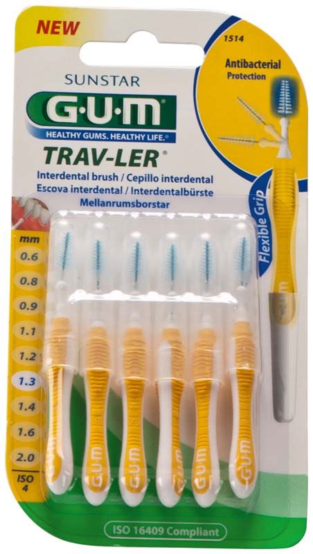 Sechserpack GUM® TRAV-LER® Interdentalbürsten, gelb, auf Blisterkarte.