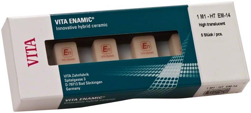 VITA ENAMIC® Hybridkeramikblock-Verpackung mit Sichtfenster und Produktinformationen.