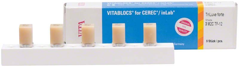 VITABLOCS TriLuxe forte Blöcke für CAD/CAM-Restaurationen auf Halterung.