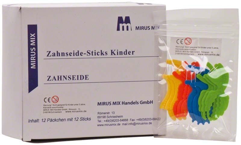 Zahnseide-Sticks Junior mit bunten Kindermotiven in Verpackung.