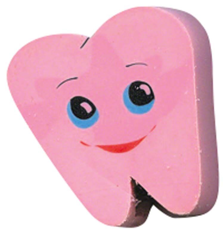 Rosa Bleistiftstecker in Form eines lächelnden Zahns.