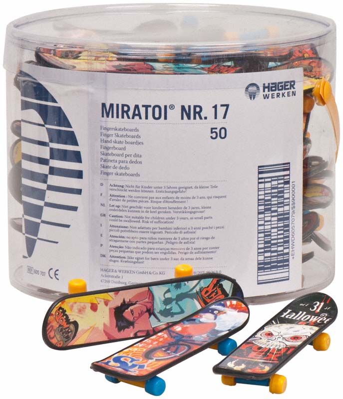 Miratoi® Nr. 17 Fingerskateboards in bunter Box mit verschiedenen Designs.