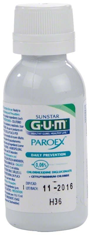 GUM PAROEX Mundspülung 0,06% in 30ml Flasche mit Etikett.