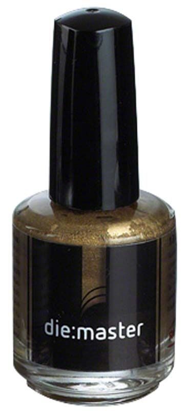 Stumpflack die:master gold in schwarzer Flasche mit schwarzem Deckel.