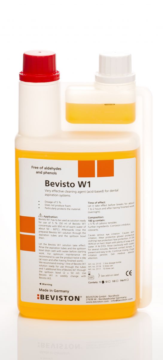 Flasche des Absauganlagenreinigers Bevisto W1, 1 Liter, mit Etikett.