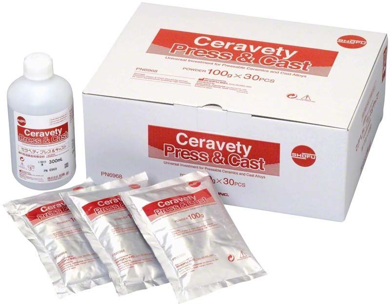 Ceravety Press & Cast Pulver Verpackung mit Flasche und Beuteln, Dentalprodukt.