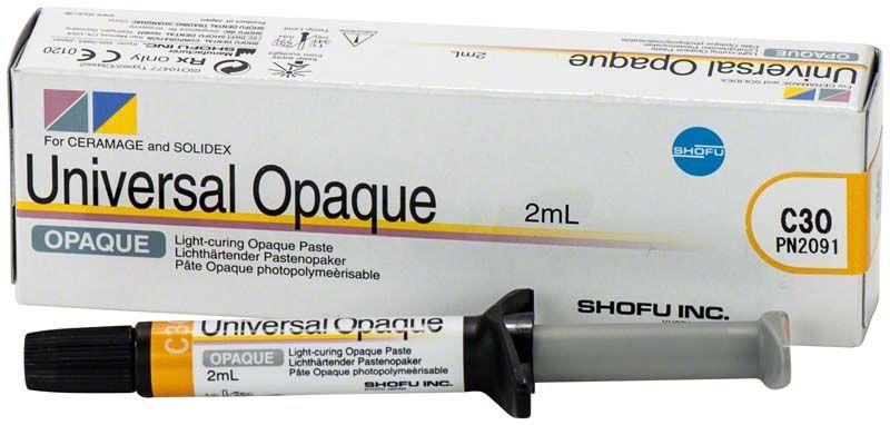 Lichthärtender Pastenopaker Universal Opaque C3O in 2ml Spritze und Verpackung.