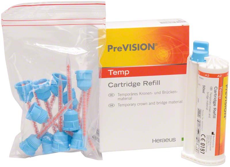 PreVISION Temp A2 Kartusche mit blauen Mischdüsen und Verpackung.