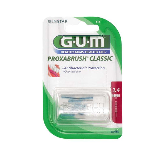 GUM PROXABRUSH CLASSIC Ersatzbürsten in pinker Verpackung mit antibakterieller Schutzangabe.