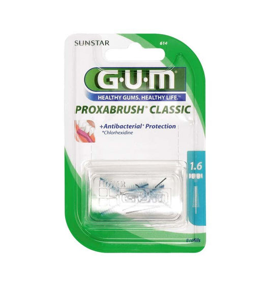 Verpackung der GUM PROXABRUSH CLASSIC Ersatzbürsten mit antibakteriellem Schutz.