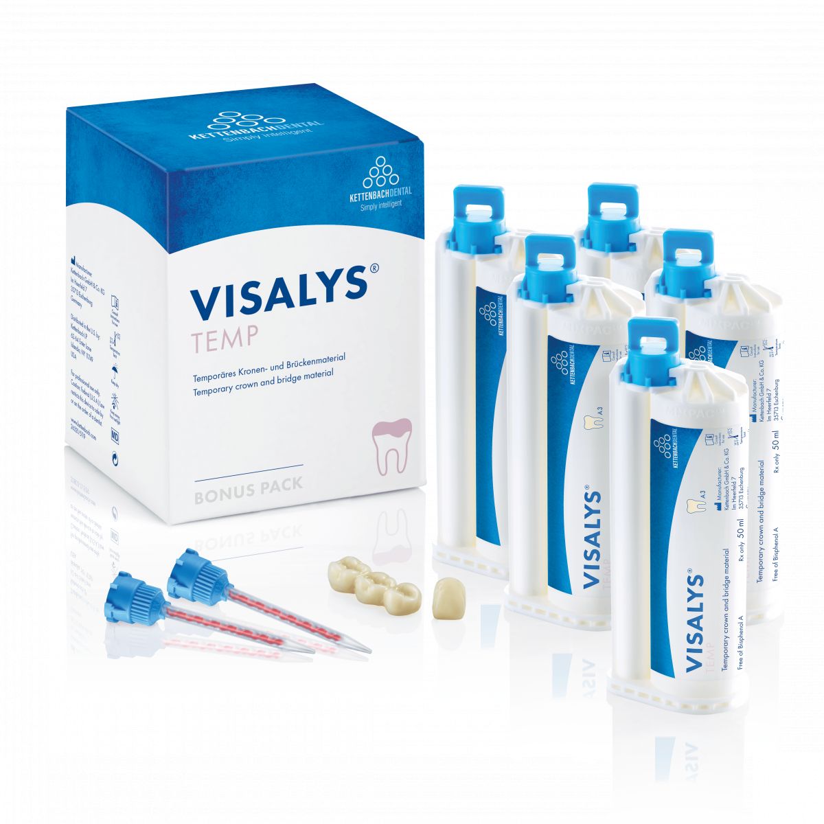 Visalys Temp A3 Kartuschen mit Verpackung und Zubehör auf weißem Hintergrund.