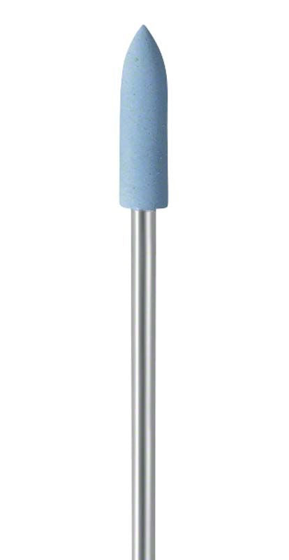 Feiner hellblauer Schleifkörper mit Metallstift für Dentalanwendungen.
