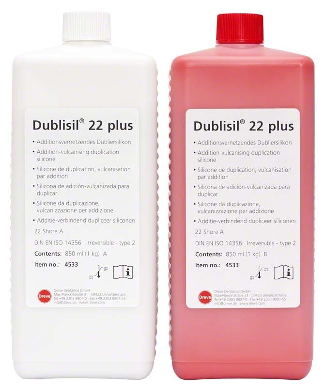 Zwei Flaschen Dublisil® 22 plus Abformmaterial, 850 ml, rot und weiß.