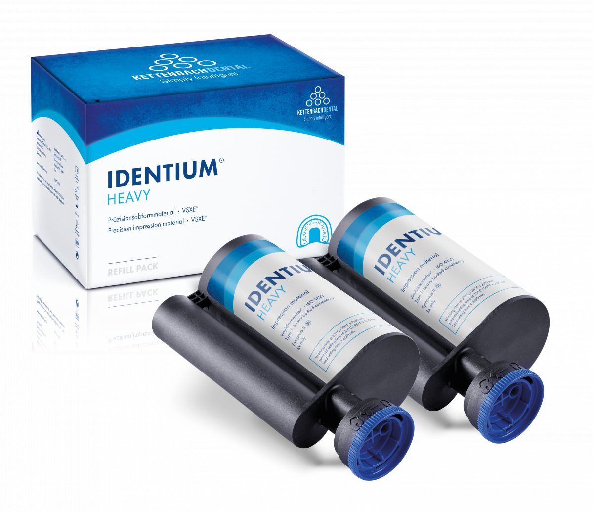 Identium® Heavy Kartuschen 2 x 380ml vor Verpackung auf weißem Hintergrund.
