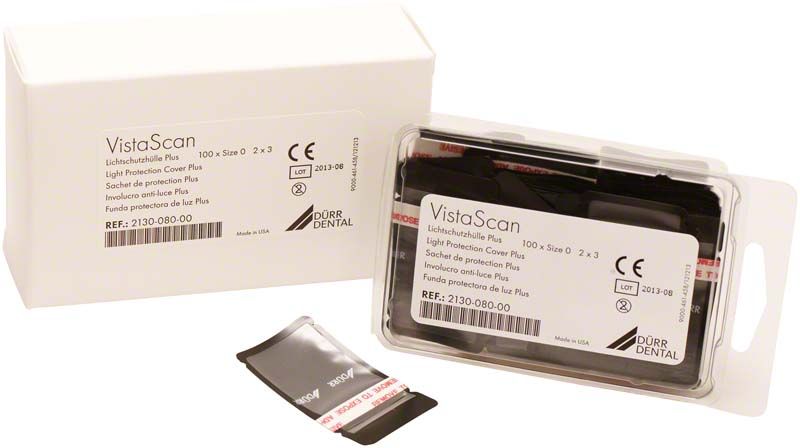 VistaScan Lichtschutzhüllen Plus Gr. 0, 100er Packung in weißer Box.