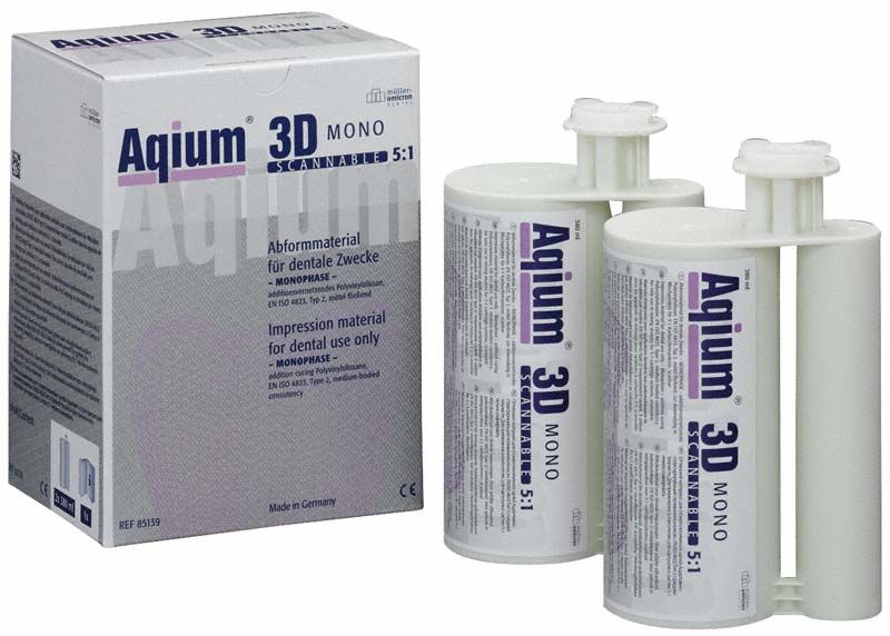 Kartuschen mit Abformmaterial Aqium 3D Mono 5:1 für dentale Zwecke.