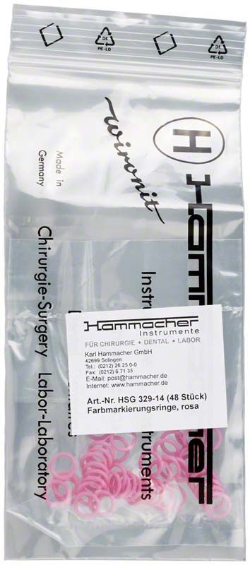 Farbenmarkierungsringe rosa in transparenter Verpackung mit Firmenlogo und Text.