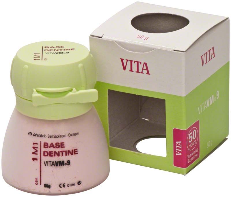 VM9 3D Base Dentin 50g Dose neben Verpackung mit Aufschrift.