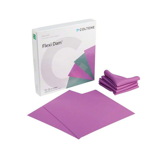 HYGENIC® Flexi Dam non latex violett mit Verpackung und einzelnen Blättern.