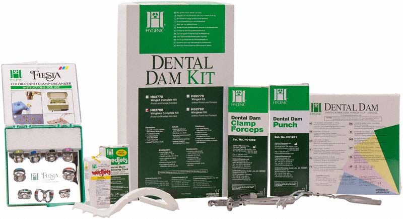 Dental Dam Komplett-Kit mit Kunststoffrahmen und verschiedenen Zubehörteilen.
