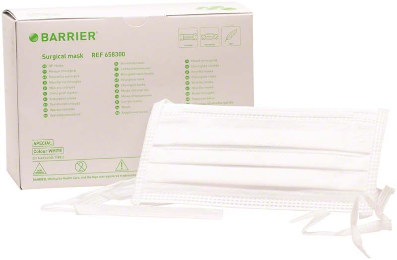 BARRIER® OP-Maske Special mit Bindebändern und Formhalter vor Verpackung.