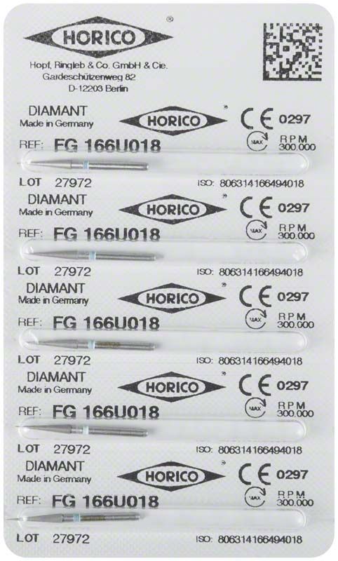 Blisterverpackung mit mehreren Diamant-FG 166U 018 Schleifinstrumenten.