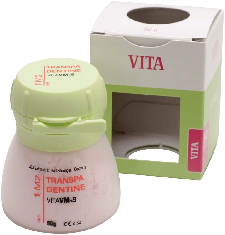 Transpa Dentin VM9 1M2, 50g Dose mit Verpackung.