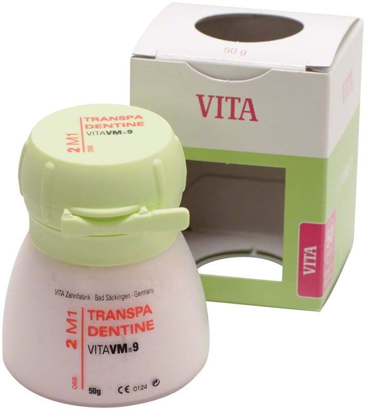 VM9 3D Transpa Dentin 50g 2M1 in weißer Verpackung mit grünem Deckel.