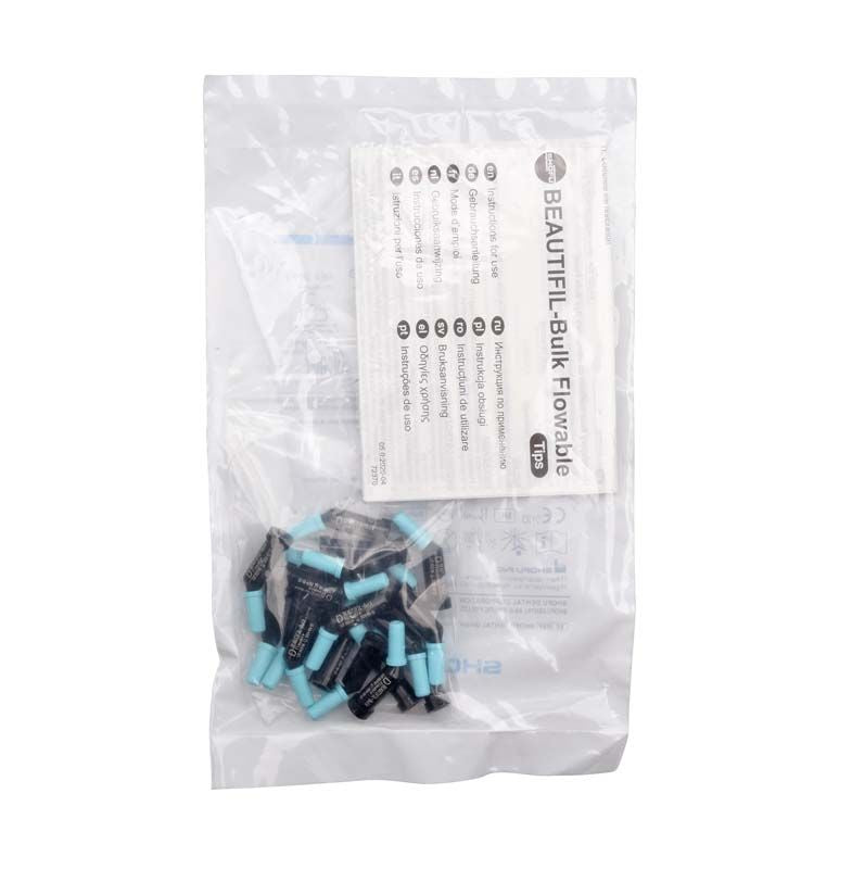 BEAUTIFIL Bulk Flow Tips Dentin in transparentem Kunststoffbeutel mit Produktinformationen.