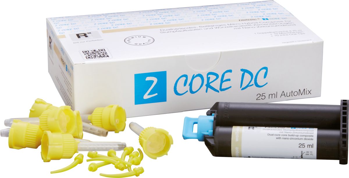 FANTESTIC ® Z CORE DC AutoMix Weiß-opak mit gelben Applikationsspitzen.