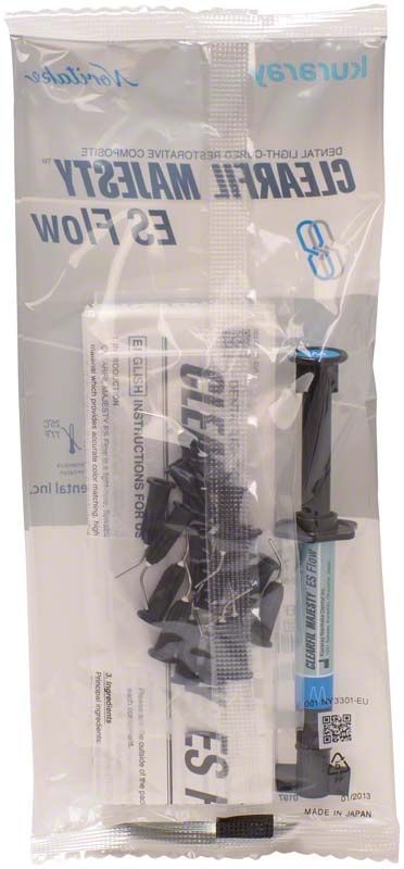 Kunststoffverpackung von Clearfil Majesty ES Flow Farbe W mit Spritze und Applikatoren.